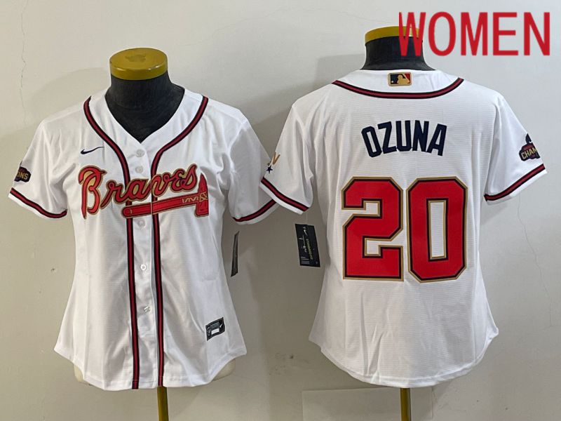 Women Atlanta Braves 20 Ozuna White gold Champion 2024 Nike MLB Jersey style 1